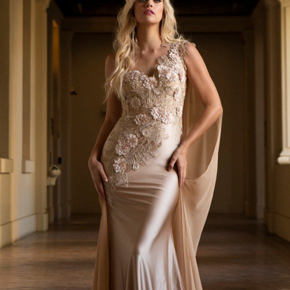CHAMPAGNE COLOR EVENING FORMAL PARTY ONE SHOULDER SHEATH...